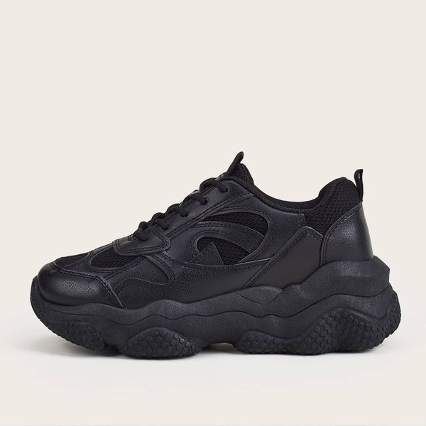 

Lace-up Front Mesh Panel Chunky Sneakers, Black