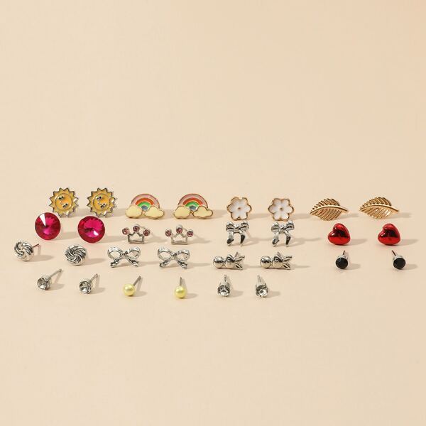 

15pairs Heart & Flower Design Stud Earrings, Multicolor