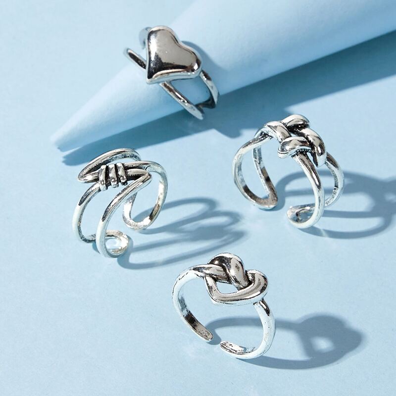 

4pcs Knot & Heart Ring, Silver