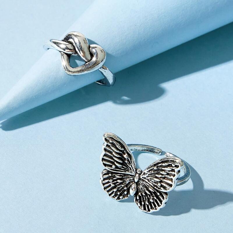 

2pcs Butterfly & Heart Ring, Silver