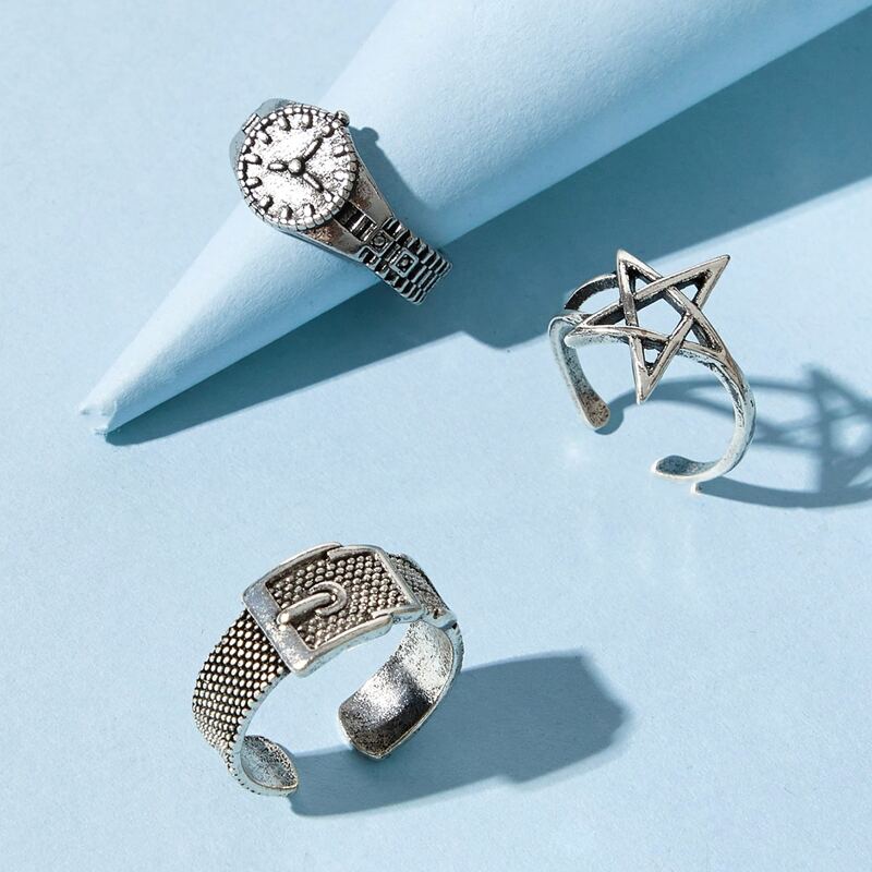 

3pcs Star & Watch Ring, Silver