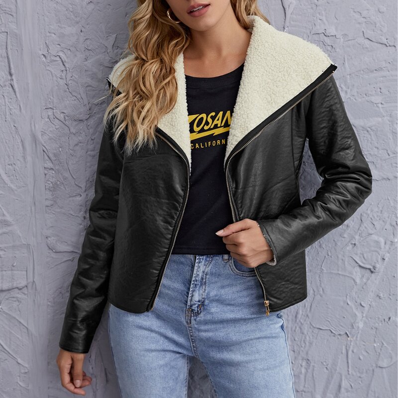 

Shearling Lining Zipper PU Leather Jacket, Black