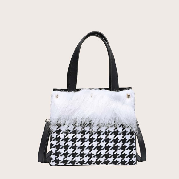 

Faux Fur Decor Houndstooth Graphic Satchel Bag, Black and white