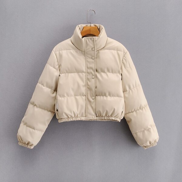 

Zip Up Crop PU Leather Puffer Jacket, Beige