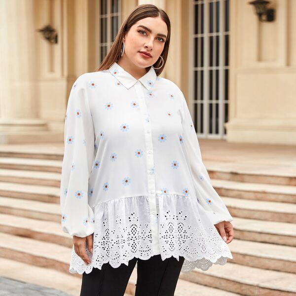 

Plus Floral Print Schiffy Ruffle Hem Blouse, White