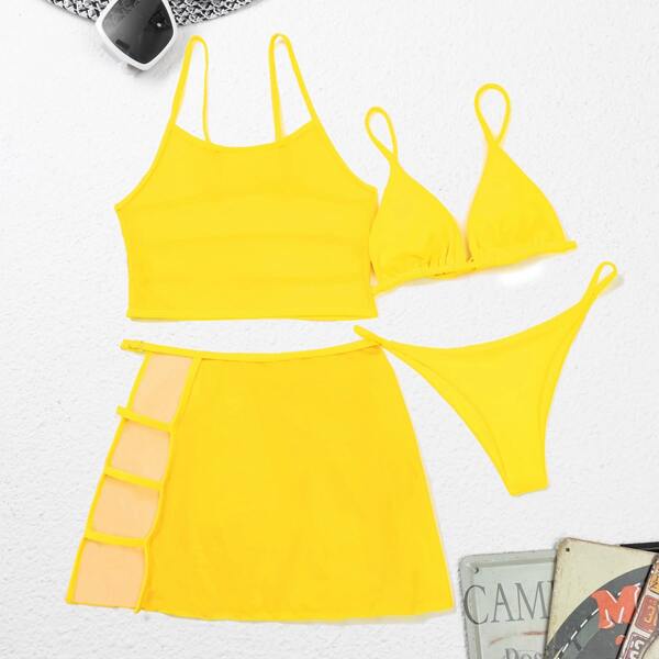 

4pack Contrast Mesh Triangle Thong Bikini Swimsuit, Yellow