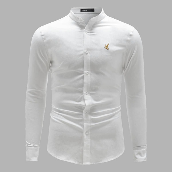 

Men Mock Neck Embroidery Bird Shirt, White