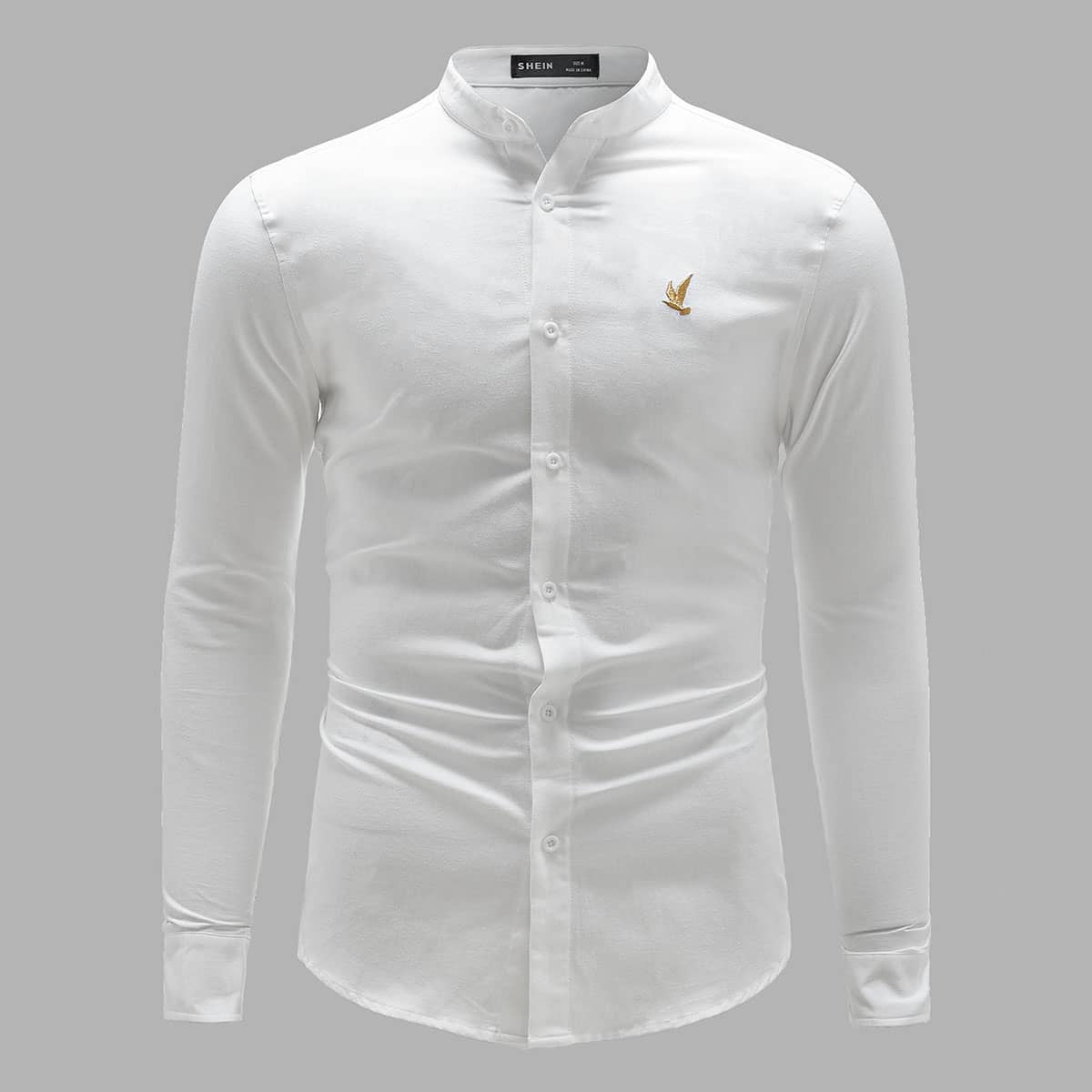 

Men Mock Neck Embroidery Bird Shirt, White