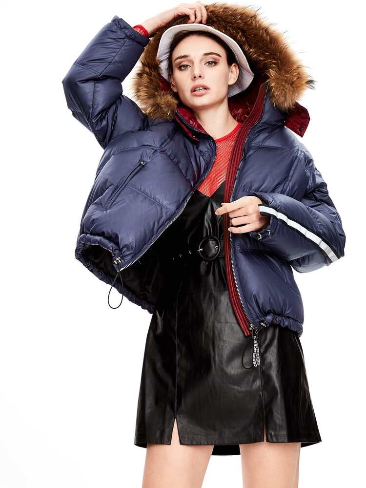 JAZZEVAR Zip Up Fuzzy Hooded Tape Down Coat