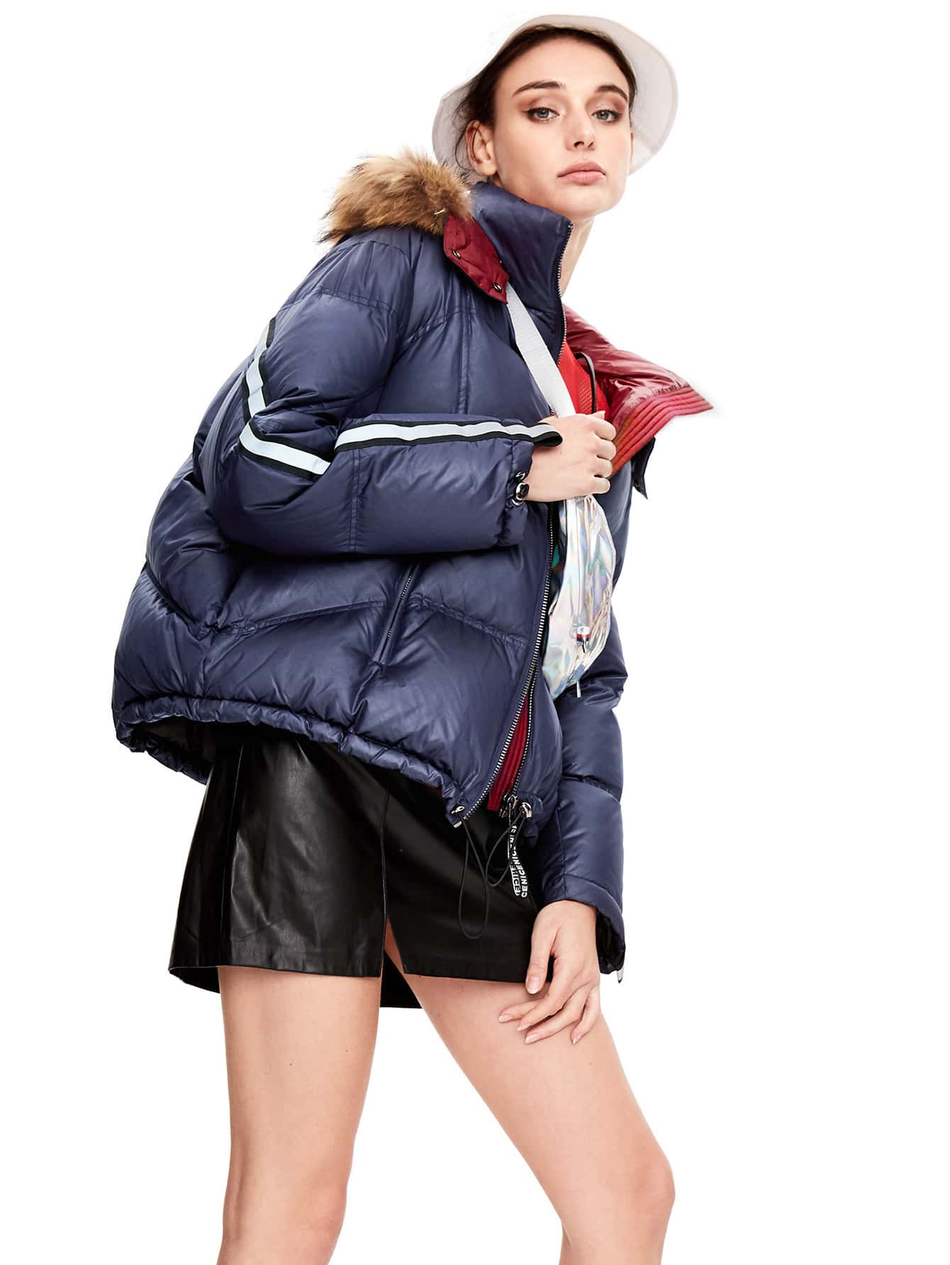 JAZZEVAR Zip Up Fuzzy Hooded Tape Down Coat