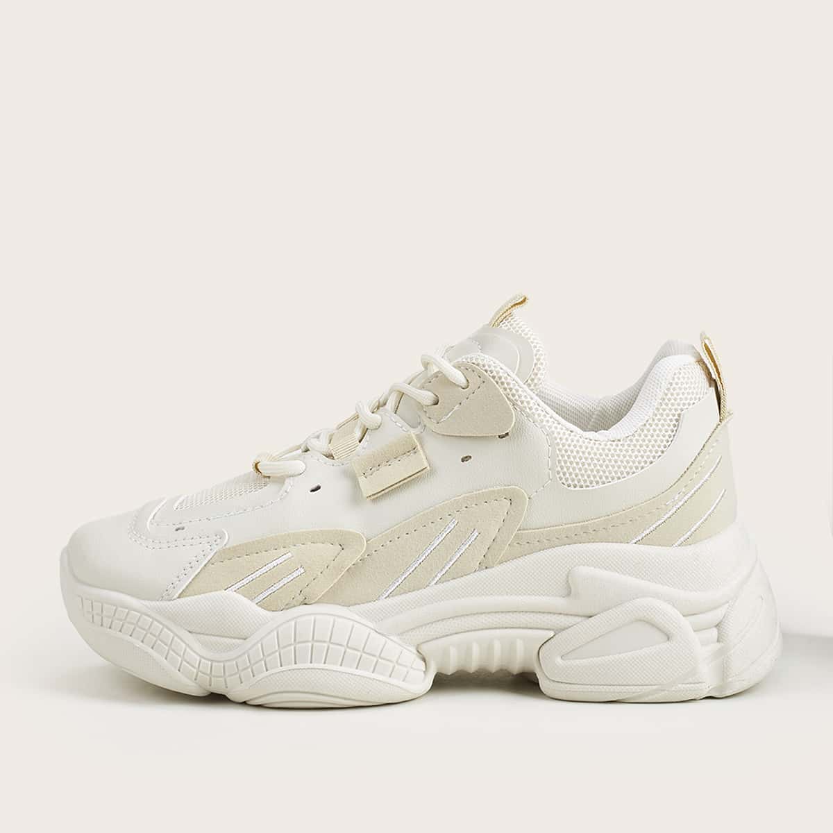 

Lace-up Front Two Tone Chunky Sneakers, Beige