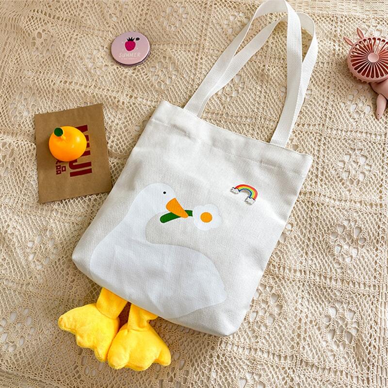 

Cartoon Duck Canvas Tote Bag, White