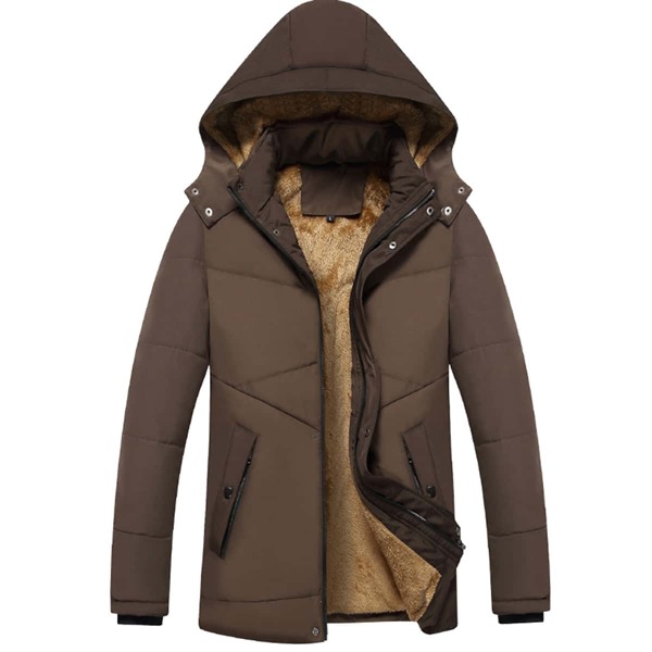 

Men Solid Zip-up Hooded Puffer Coat, Coffee brown