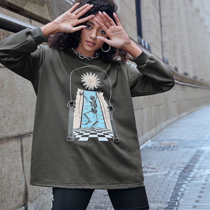 

Skeleton Graphic Oversized Sweatshirt, Grey