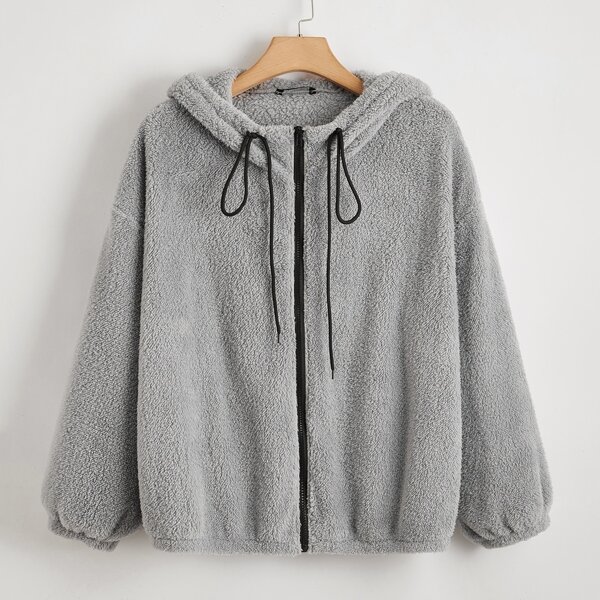 

Plus Teddy Drop Shoulder Drawstring Hooded Jacket, Light grey