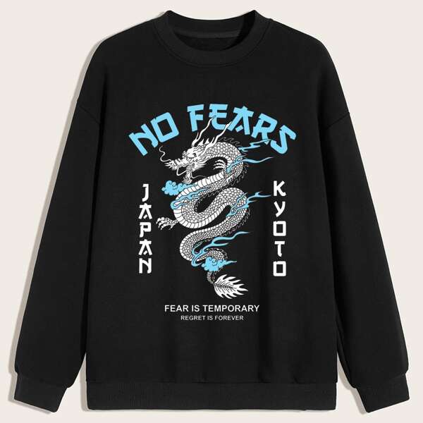 

Men Chinese Dragon & Slogan Graphic Sweatshirt, Black