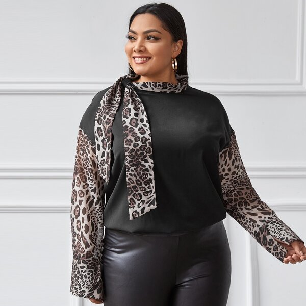 

Plus Contrast Leopard Tie Neck Blouse, Black