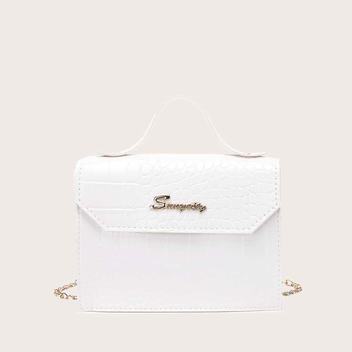 

Metal Letter Decor Croc Embossed Satchel Bag, White
