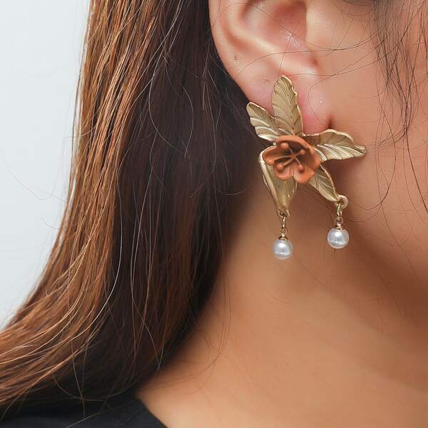 

Faux Pearl Flower Drop Earrings, Gold