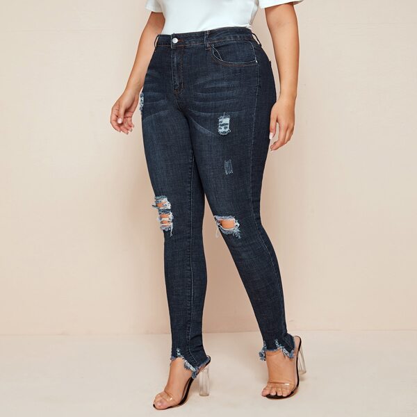 

Plus Curvy High Waist Ripped Skinny Jeans, Dark wash