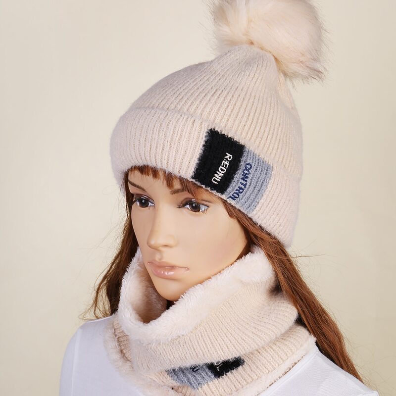 

Pom Pom Decor Knit Beanie With Infinity Scarf, Beige