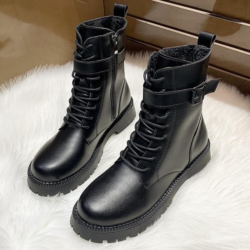 

Buckle Lace-up Combat Boots, Black