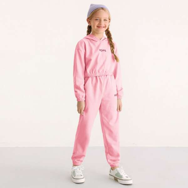 

Girls Letter Graphic Crop Hoodie & Joggers Set, Baby pink