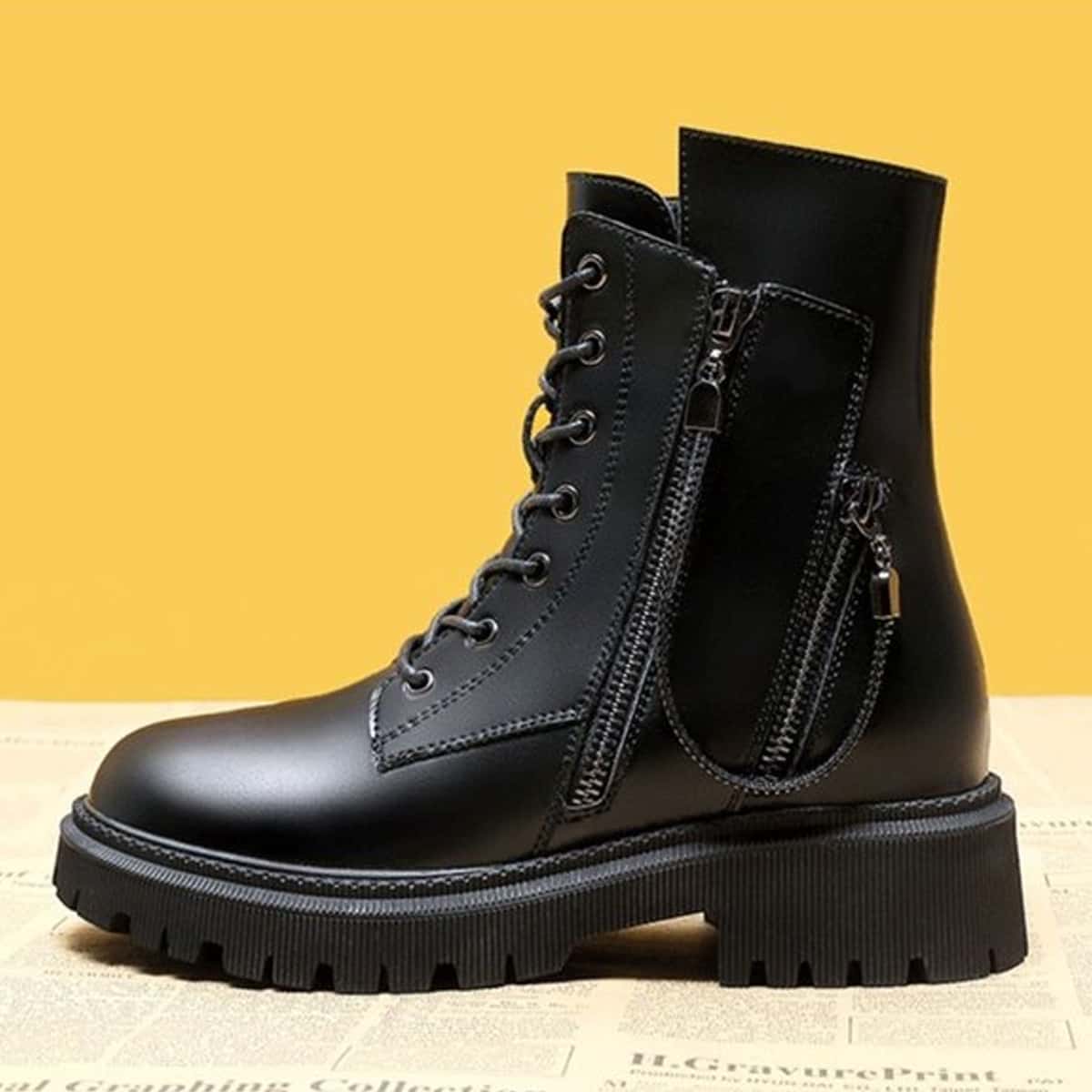

Double Zip Lace-up Combat Boots, Black