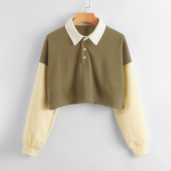 

Contrast Sleeve Drop Shoulder Crop Sweatshirt, Khaki