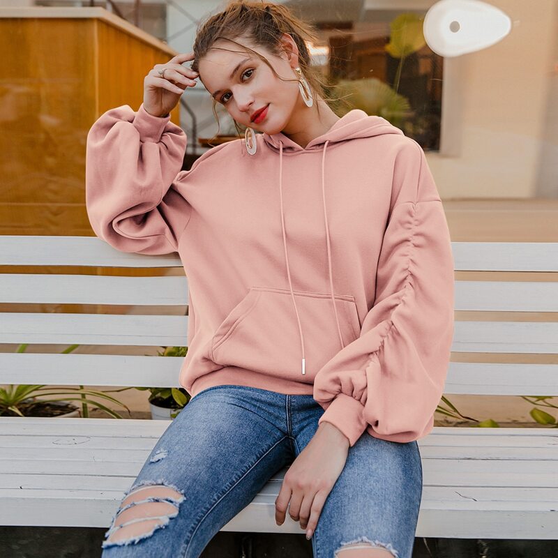 

Gathered Drop Shoulder Drawstring Hoodie, Pastel dusty pink