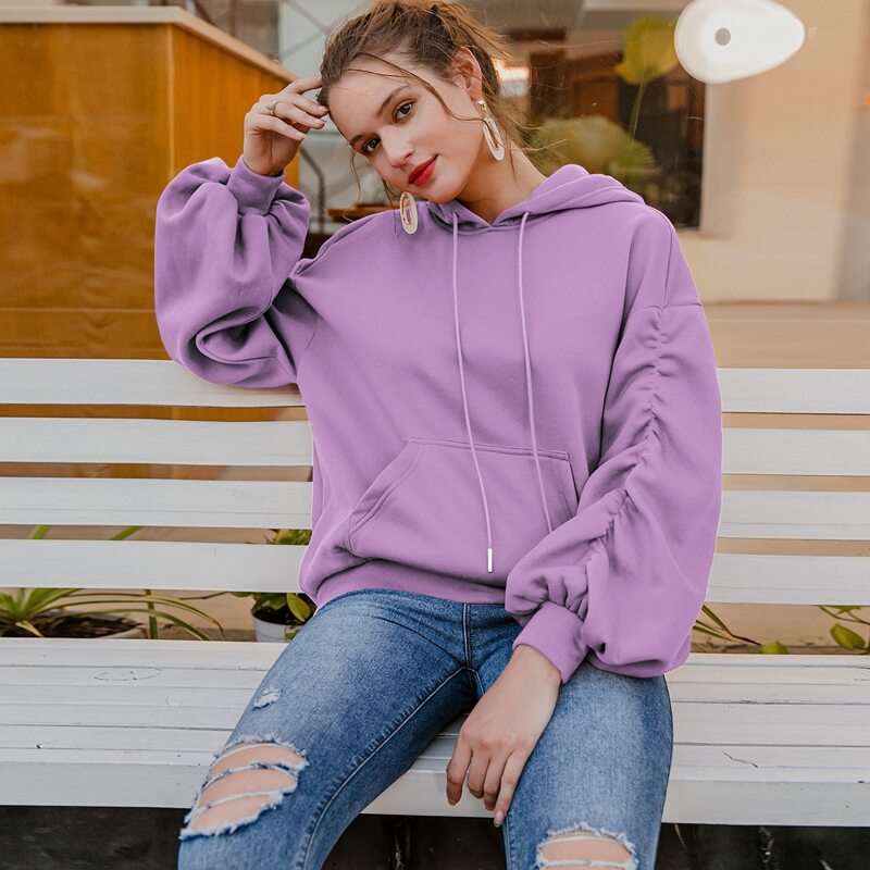 

Gathered Drop Shoulder Drawstring Hoodie, Lilac purple