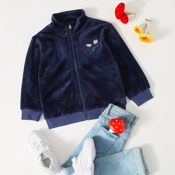 

Toddler Girls Teddy Zip Up Floral Embroidered Jacket, Navy blue