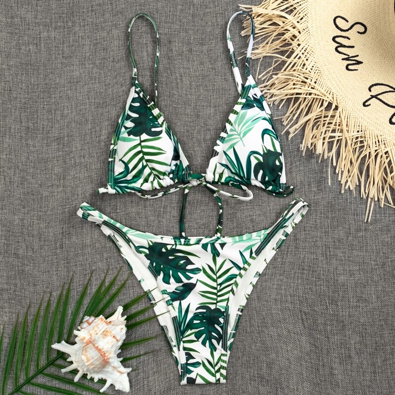 

Tropical Triangle Thong Bikini Swimsuit, Green
