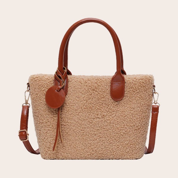 

Faux Shearling Tote Bag, Khaki