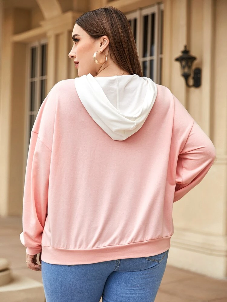 Plus Size Sequin Detail Colorblock Drawstring Sweatshirt