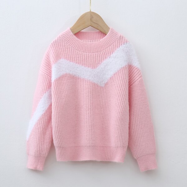 

Toddler Girls Chevron Pattern Drop Shoulder Sweater, Baby pink