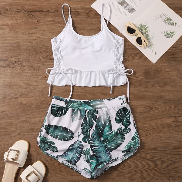 

Tropical Ruffle Hem Lace-up Side Bikini Swimsuit, Multicolor