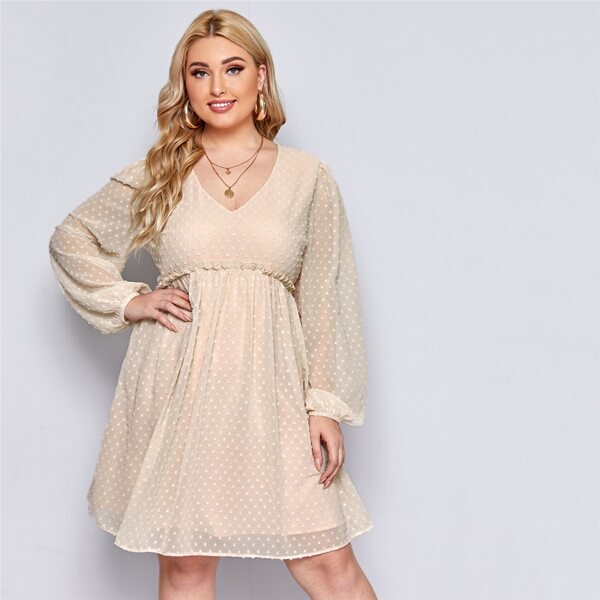 

Plus Lantern Sleeve Frilled Waist Swiss Dot Dress, Apricot