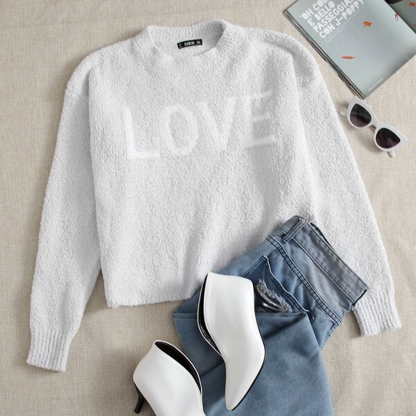 

Plus Letter Pattern Fuzzy Sweater, White