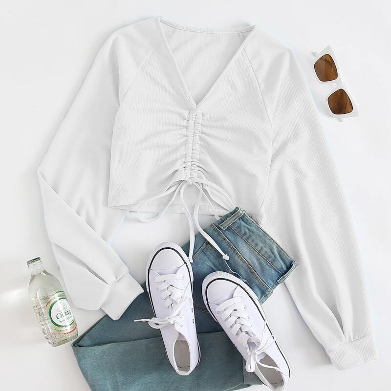 

Solid Raglan Sleeve Drawstring Crop Top, White
