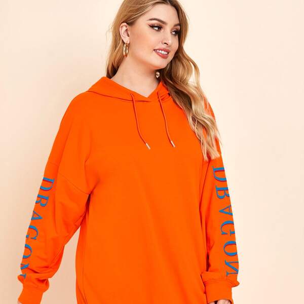 

Plus Letter Graphic Drawstring Longline Hoodie, Orange