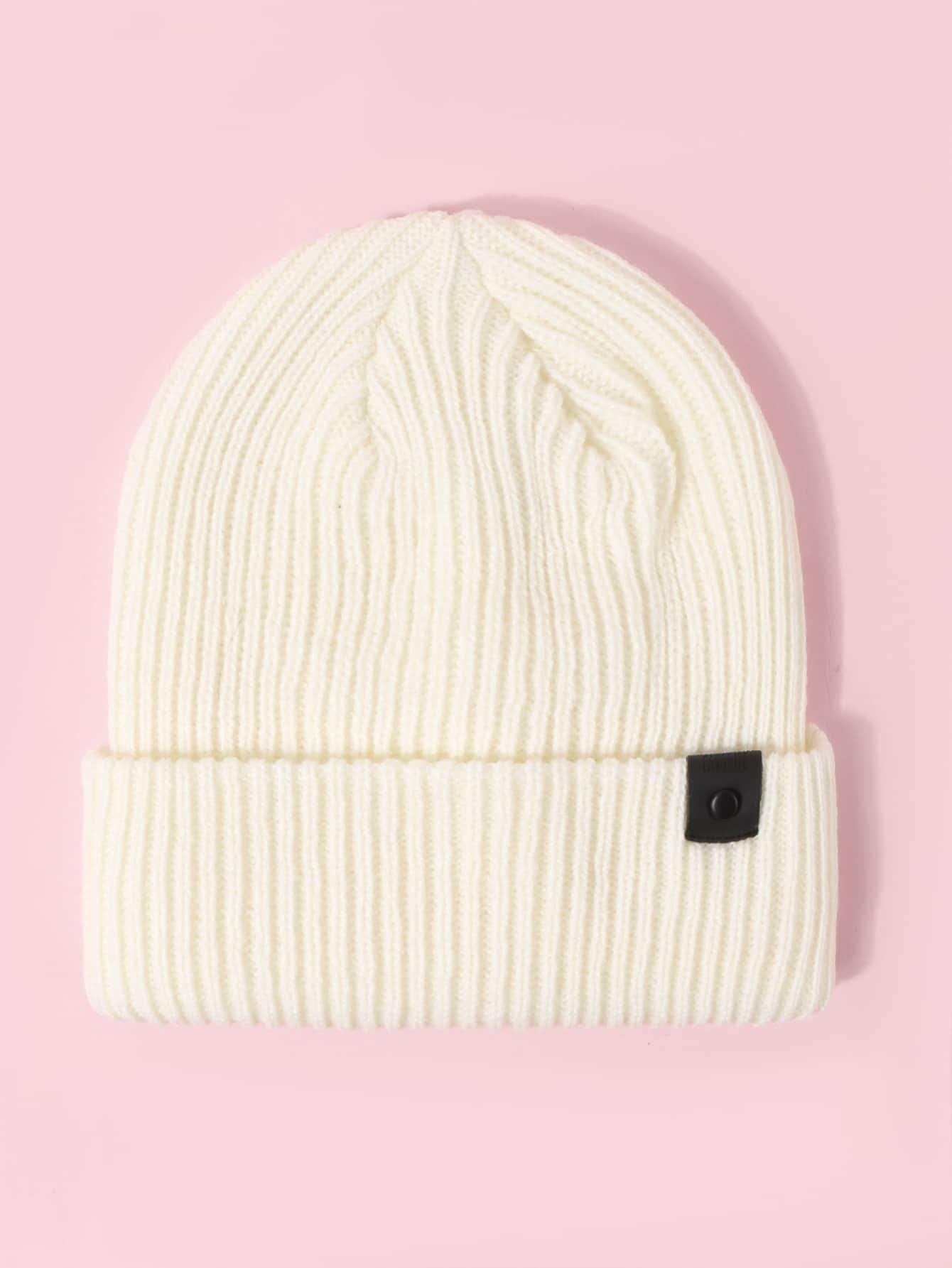 1pc Unisex Leather Strap Simple Y2K Style Breathable Fashion Versatile Knit Hat, Suitable For Autumn/Winter Daily And Outdoor Wear - White - View 1