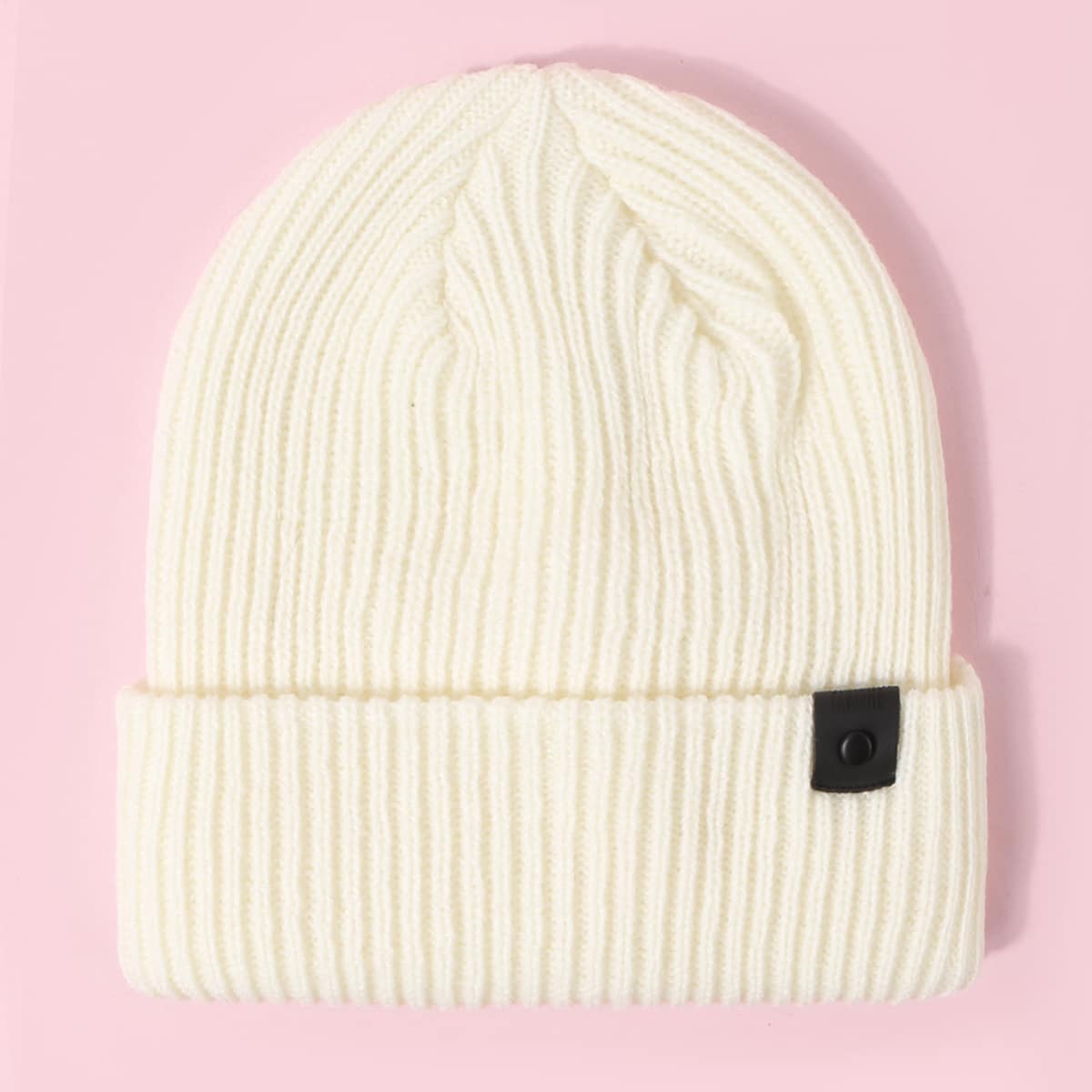 

Button Decor Knit Beanie, White