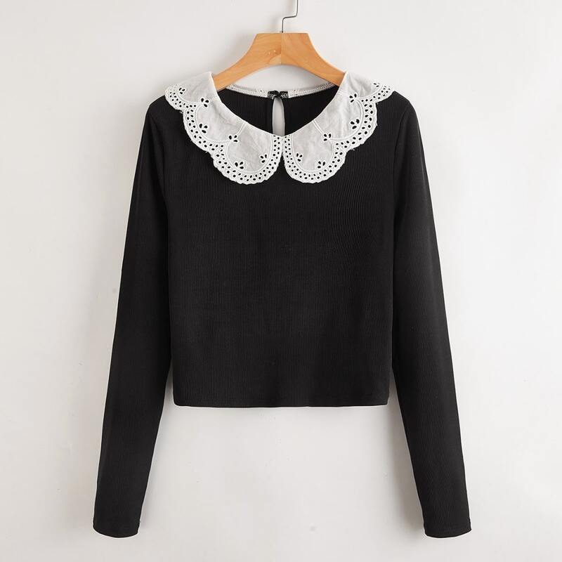 

Eyelet Embroidery Collar Crop Tee, Black