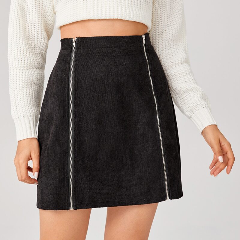 

Solid Corduroy Zip Up Skirt, Black