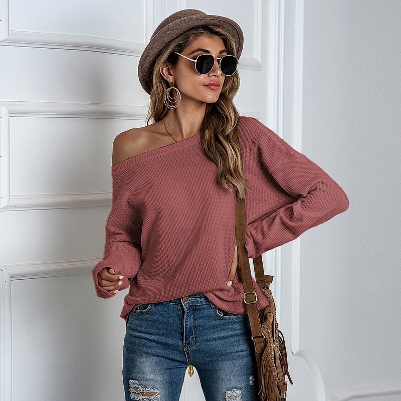 

Solid Drop Shoulder Oversized Waffle Tee, Redwood