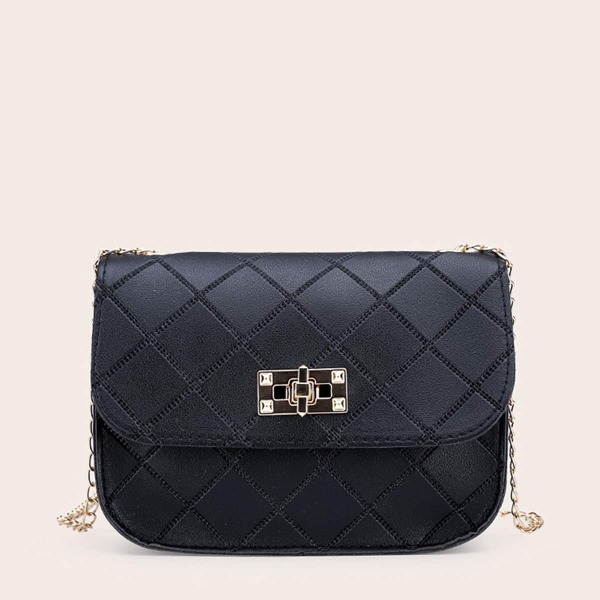 

Plaid Pattern Turn-Lock Chain Bag, Black