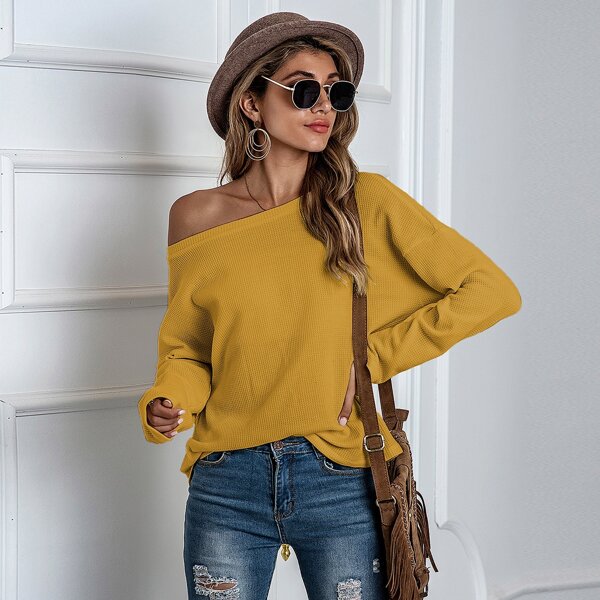 

Solid Drop Shoulder Oversized Waffle Tee, Mustard yellow