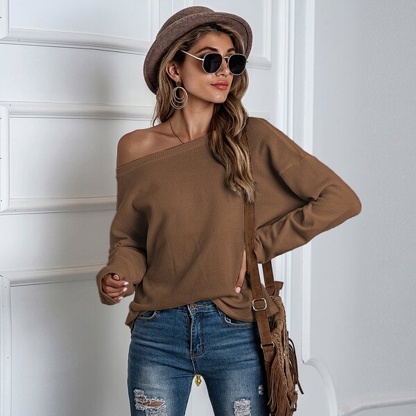 

Solid Drop Shoulder Oversized Waffle Tee, Coffee brown