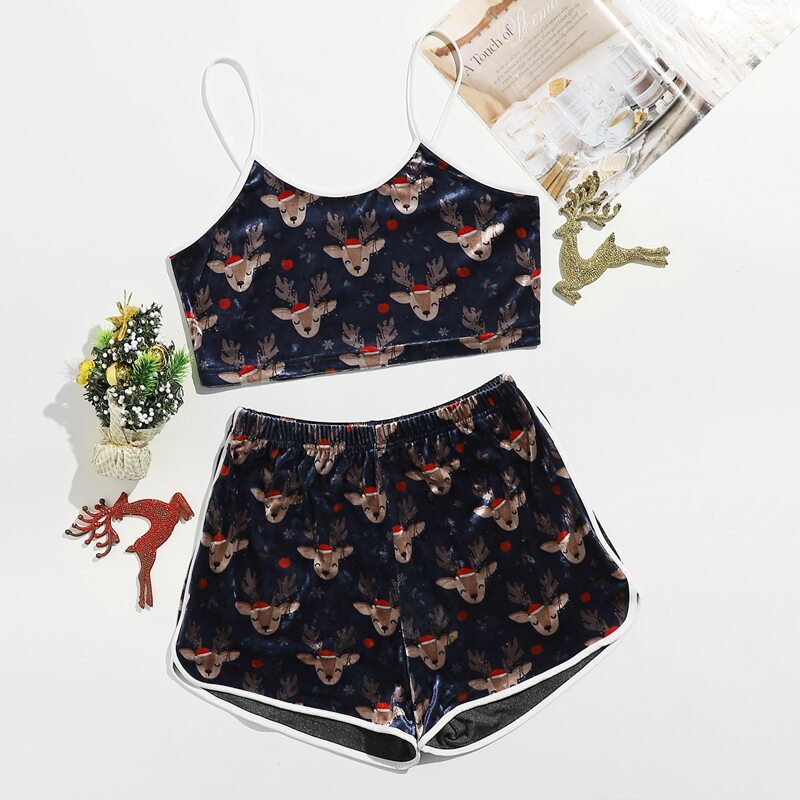 

Christmas Deer Print Velvet PJ Set, Multicolor